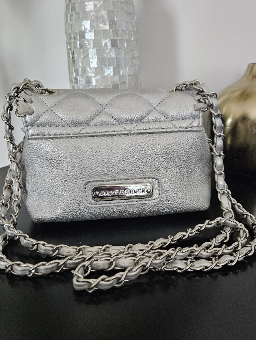 Steve Madden Quilted Metallic Silver Chain Shoulder Bag - Picture 3 of 16
